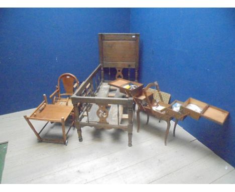 Vintage oak childs bed, & a metamorphic childs chair, sewing box, wine rack, pair of stools, a wicker magazine rack, & Victor