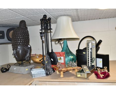 A GROUP OF TABLE LAMPS AND MODERN FIRESIDE COMPANION SET, comprising a large back lit wooden Thai Buddha lamp, height 59cm, a