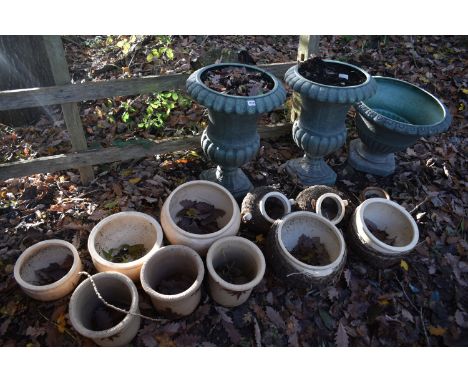 A PAIR OF GREEN PLASTIC CAMPAGNA GARDEN URNS, diameter 46cm x height 64cm, a similar large planter, and two set of six plant 