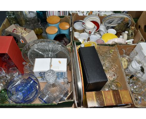 FIVE BOXES OF GLASS, CERAMICS AND SUNDRY ITEMS, to include a boxed Royal Crystal Rock 'Ofelia' Crystal &amp; Dance sculpture,