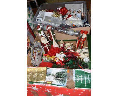THREE BOXES OF ASSORTED CHRISTMAS DECORATIONS AND A BOXED ARTIFICIAL 4FT CHRISTMAS TREE, including baubles, tinsel, lights, c