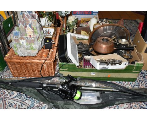 TWO BOXES AND LOOSE METALWARES, BASKETS, FISHING ROD AND SUNDRY ITEMS, to include boxed Elkington Plate cutlery, a B Square P