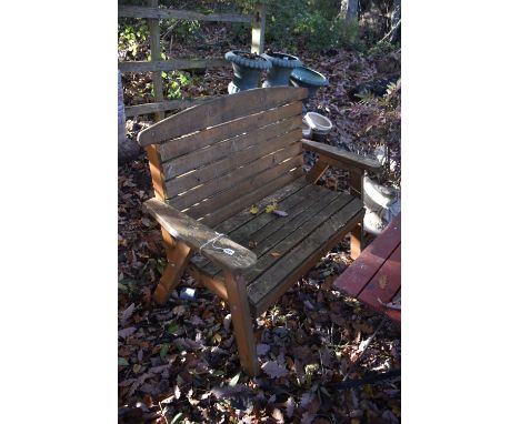 A TEAK SLATTED GARDEN BENCH, length 127cm (condition report: weathered finish)