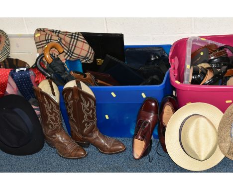 FOUR BOXES OF GENTLEMEN'S SHOES AND ACCESSORIES, to include a cast metal umbrella stand, three vintage umbrellas and a shooti