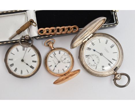 THREE POCKET WATCHES AND A BROOCH, to include an AF manual wind, ladies full hunter pocket watch, round white dial signed 'El