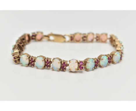 A 9CT GOLD OPAL AND RUBY BRACELET, designed as oval opal cabochons each interspaced by two circular rubies, all in claw setti