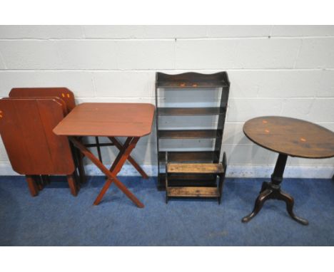 A GEORGIAN MAHOGANY CIRCULAR TILT TOP TRIPOD TABLE, diameter 62cm x height 75cm, a 20th century oak five tier open bookcase, 
