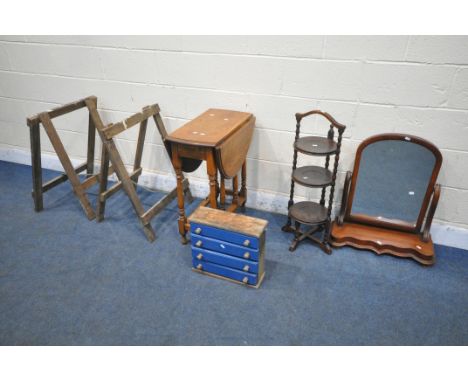 A SELECTION OF OCCASIONAL FURNITURE, to include a 20th century oak gate leg table, open width 91cm x depth 35cm x height 74cm
