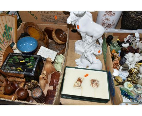 THREE BOXES AND LOOSE CERAMICS, TREEN AND SUNDRY ORNAMENTS, to include a boxed Harmony Kingdom 'Rule Britannia' Collector's C