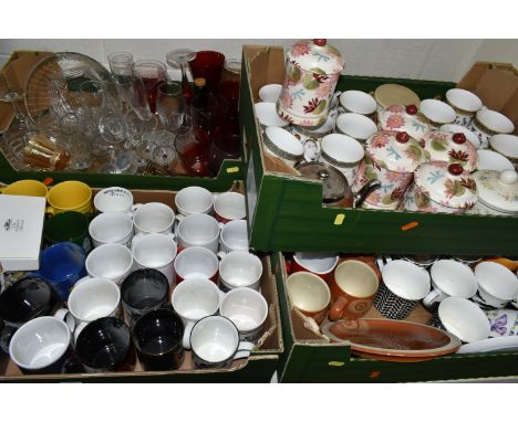 FIVE BOXES OF CERAMICS AND GLASS WARES, to include five Emma Bridgewater canisters with sponged waterlily and dragonfly patte