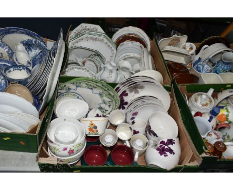 FIVE BOXES OF TEA AND DINNER WARES, to include a thirty one piece Johnson Bros Eternal Beau dinner service, a small quantity 