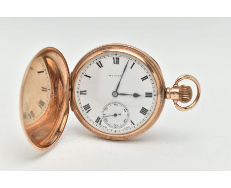 AN EARLY 20TH CENTURY, 9CT GOLD FULL HUNTER POCKET WATCH, manual wind, round white dial signed 'State', Roman numerals, subsi