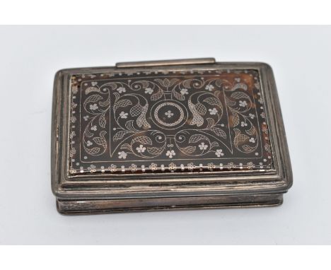 AN EARLY 18TH CENTURY TORTOISESHELL PIQUE INLAID SNUFF BOX OF RECTANGULAR CUSHION MOULDED FORM, UNMARKED, the hinged lid with