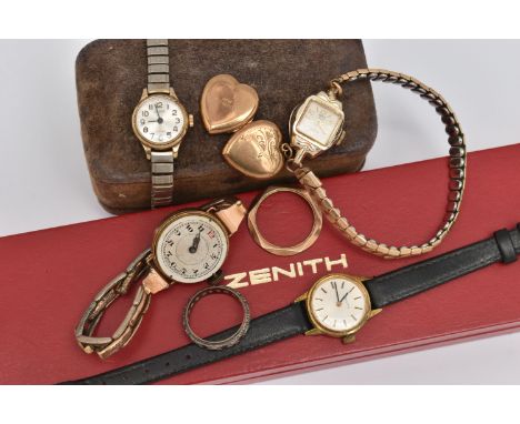 A SELECTION OF LADIES WRISTWATCHES, the include a 9ct gold cased wristwatch, AF, manual wind, round silvered dial, Arabic num