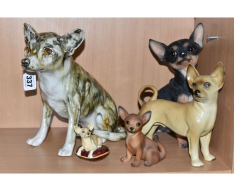 A GROUP OF CHIHUAHUA FIGURES, comprising a Winstanley Chihuahua with glass eyes and signature to the base, height 23cm, a Bes