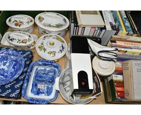 TWO BOXES OF COOKERY BOOKS AND KITCHENWARE, to include a Kenwood Chef, model A901, a boxed blue and white Spode 'Italian' des