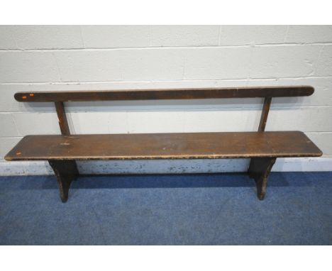 A 19TH CENTURY PINE CHURCH BENCH, from Acresford Methodist Church, with trestle legs, length 213cm x depth 40cm x height 80cm