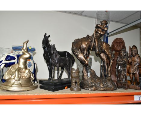 A GROUP OF FIGURES, GLASS WARES, ETC, to include a bronzed resin Austin Sculpture of a cowboy on his horse, height 53cm, two 