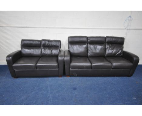 A BROWN LEATHER TWO PIECE LOUNGE SUITE, comprising a three seater sofa, length 200cm x depth 94cm x height 91cm, and a two se