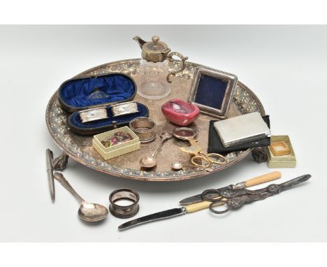 A BOX OF ASSORTED SILVER AND WHITE METAL ITEMS, to include a cased set of two silver napkin rings, oval form embossed foliage