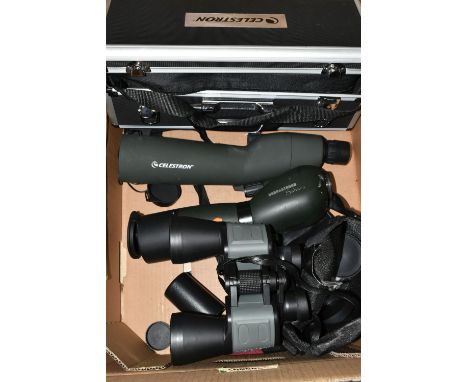 SPOTTING SCOPES AND BINOCULARS ETC, comprising a Celestron 20-60 zoom scope with aluminium case and tripod, Barr &amp; Stroud