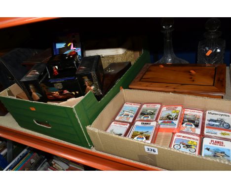 TWO BOXES OF TREEN, WRITING SLOPE, COLLECTOR'S PLATES AND A COLLECTION OF TOP TRUMPS CARDS, to include ten boxed Royal Doulto