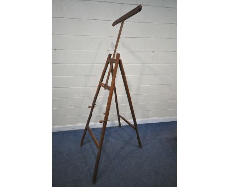 A LARGE 20TH CENTURY PINE A FRAME ARTIST EASEL, with adjustable height and two picture pegs, maximum height 214cm (condition 