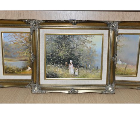 LES PARSON (BRITISH 1945) THREE NOSTALGIC OILS ON CANVAS, depicting a boy and girl looking towards a white cottage, a boy and