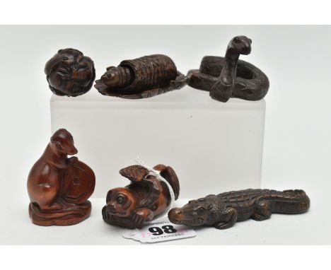 FOUR 20TH CENTURY CARVED TREEN NETSUKE AND TWO OKIMONO, carved as a variety of animals / reptiles including a snake, group of