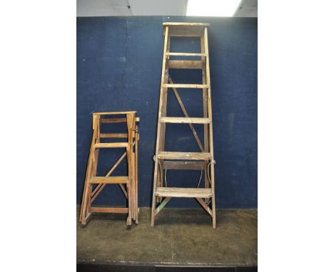 TWO VINTAGE WOODEN STEP LADDERS comprising of a 160cm high five rung  and a Hatherley Jones Patent 87cm high (2)