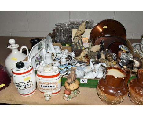 TWO BOXES OF ORNAMENTS AND GLASSWARE, to include two Doulton Lambeth Ware jugs, a Mackinlay's Scotch Whisky stoneware decante