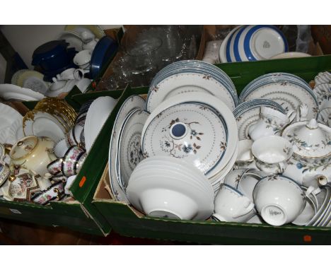 FIVE BOXES AND LOOSE CERAMICS AND GLASS WARE, to include a TG Green Cornish Ware mixing bowl, Sadler Edwardian Entertainments