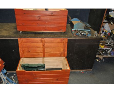 TWO WOODEN CHESTS AND A METAL TOOLBOX CONTAINING POWER AND HAND TOOLS including  a Bosch PSB650 RES hammer drill, a Challenge