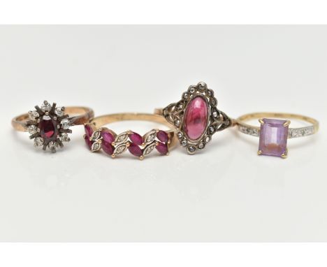 FOUR GEM SET RINGS, to include an early 20th century garnet and rose cut diamond dress ring, white metal mount leading onto a