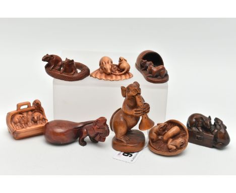 SIX 20TH CENTURY CARVED TREEN NETSUKE AND TWO OKIMONO CARVED WITH RATS, two carved with the addition of a cat and a frog, all