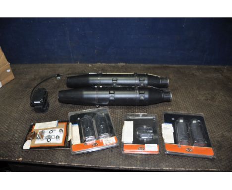 A PAIR OF HARLEY DAVIDSON SPORTSTER EXHAUST SILENCERS in powder black, stamped 64900291 H17-020, along with two still package