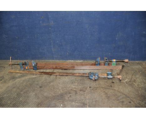 THREE VINTAGE SASH CRAMPS 114cm long (no brand name) with spring loaded (Condition Report: surface rust but working, one miss