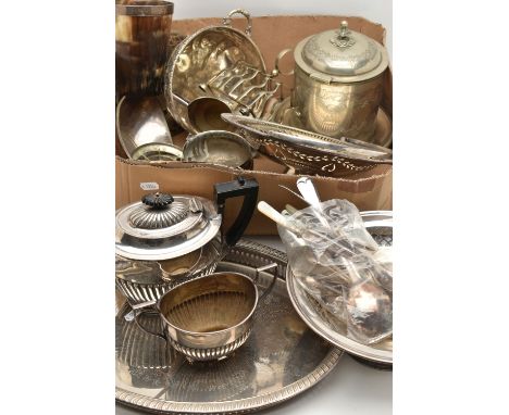 A BOX OF ASSORTED SILVER PLATE, to include a three piece tea set, comprising of a teapot, sugar bowl and milk jug, an oval tr