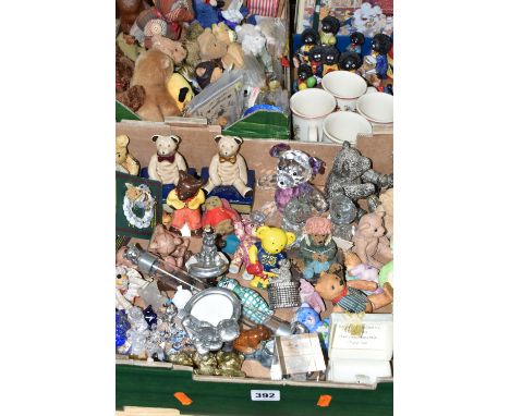 THREE BOXES OF ORNAMENTS, to include a large collection of 'Teddy Bear' ornaments, a pewter 'First Tooth' box, pewter birth c
