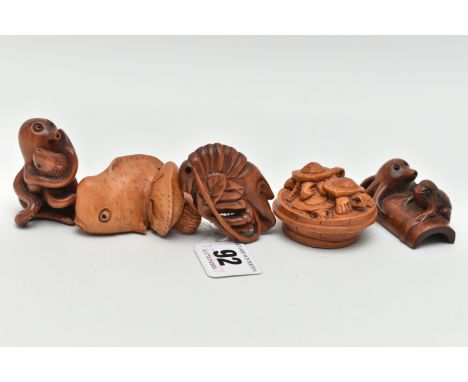 THREE 20TH CENTURY CARVED TREEN NETSUKE AND TWO OKIMONO, in the form of fish, octopus, terrapins and crayfish, all with inset