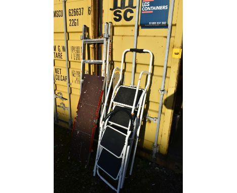 AN ALUMINIUM PRODECK EXTENSION LADDER, playform, and two step ladders (4)