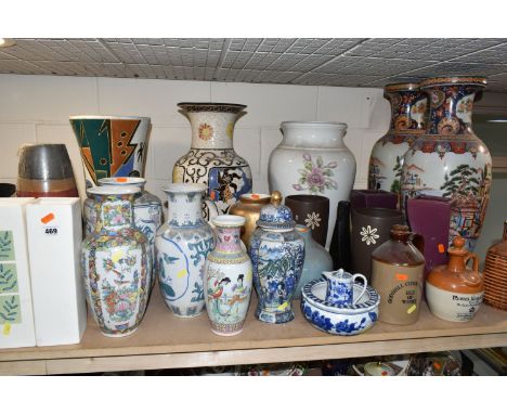 A LARGE QUANTITY OF FLOOR VASES, PLANTERS AND ORNAMENTS, comprising a pair of large Oriental style floor vases, height 63cm, 