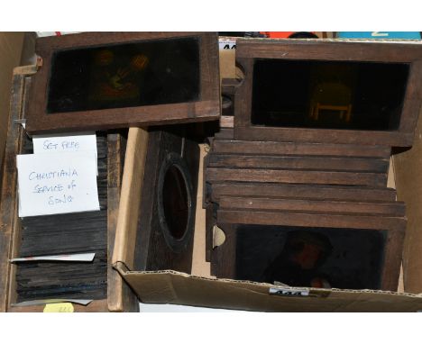 TWO BOXES OF MAGIC LANTERN SLIDES / PHOTOGRAPHIC PLATES  comprising twelve 7   x 4   miscellaneous colour examples and perhap