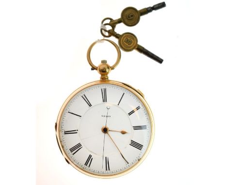 18ct gold cased key wind pocket watch with stop watch function, the white enamel dial with Roman numerals, gross weight 120g 
