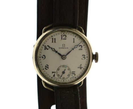 Vintage Omega gentleman's nickel plated cased wristwatch, the white enamel dial with Arabic numerals and subsidiary seconds d