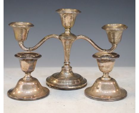 Edward VII silver three branch candelabra together with a pair of similar desk candlesticks, all hallmarked for Birmingham 19