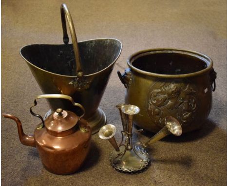 Dutch style embossed brass coal bin, brass coal bucket, copper kettle and a silver plated epergne   Condition: 