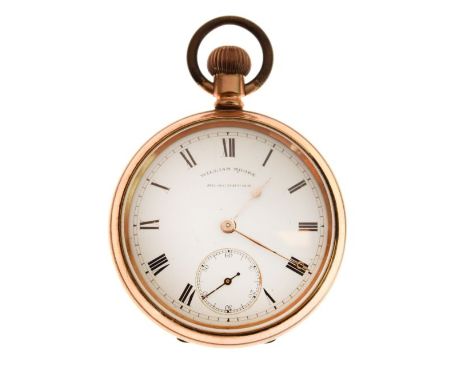 Gold plated cased top wind pocket watch, the white enamel dial with Roman numerals and subsidiary seconds dial   Condition: 