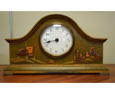 1930's period mantel clock having a chinoiserie style lacquered case, the white dial with Arabic numerals   Condition: 
