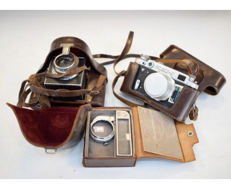 Cameras - Vintage Reflex Korelle camera in original leather case, Russian camera also in its leather case etc   Condition: 